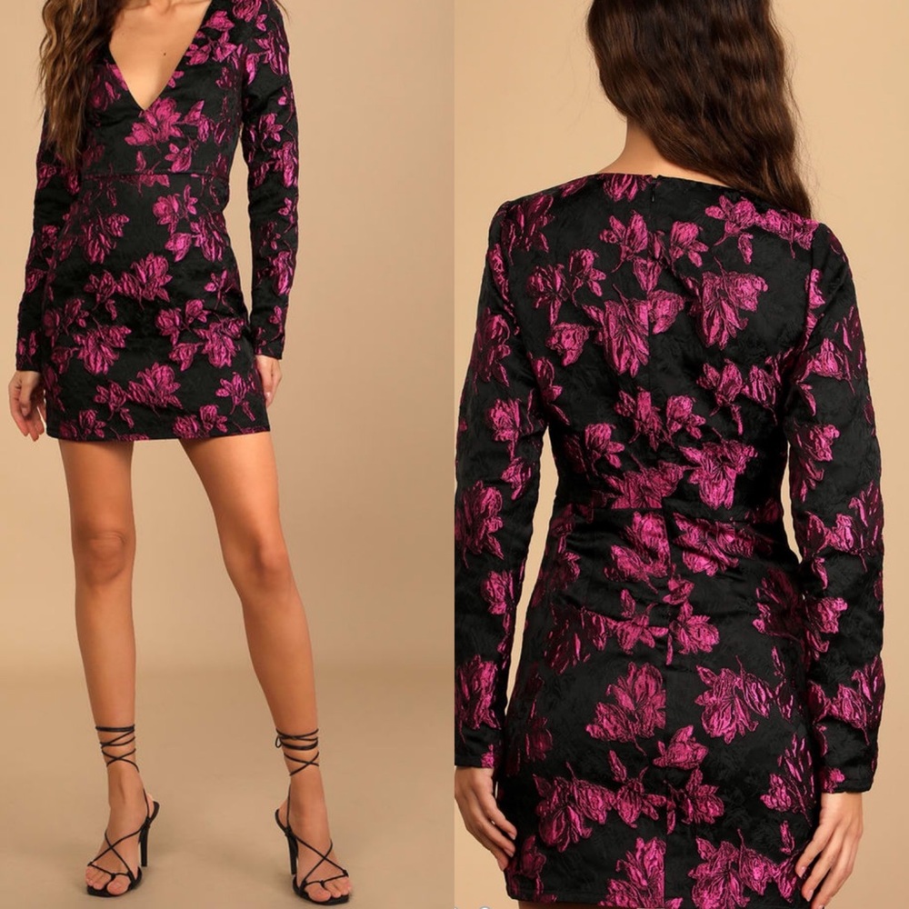Lulus Elegant Taste Black and Pink Floral Jacquard Mini Dress